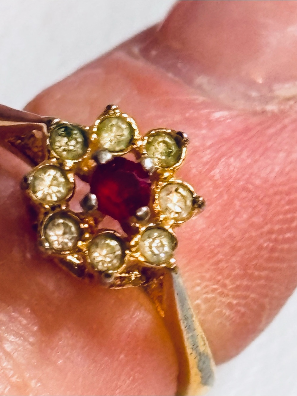 Gold-Tone Floral Cluster Ring with Red Center Stone